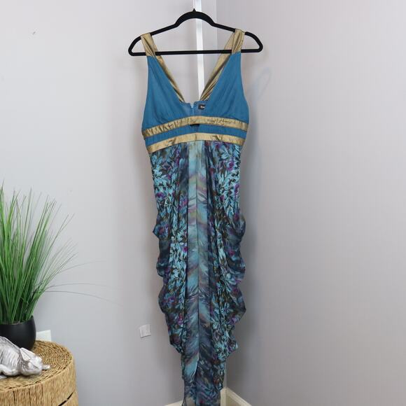 bebe Gwen Silk Butterfly Maxi Dress | Deep V Empire Waist | Size S - Picture 1 of 7